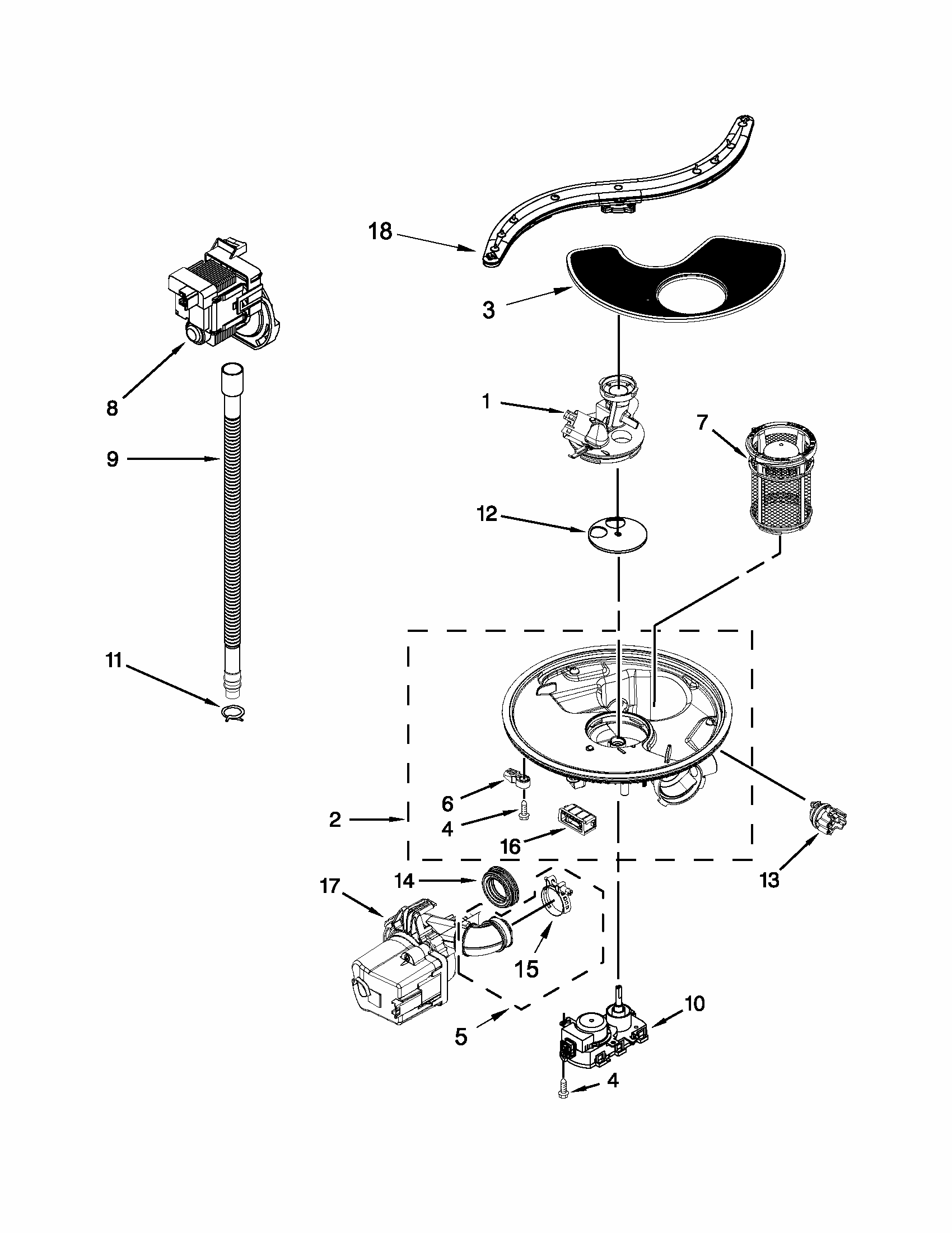 Pump, Washarm And Motor Parts Diagram and Parts List for 66513272K112  Kenmore Dishwasher