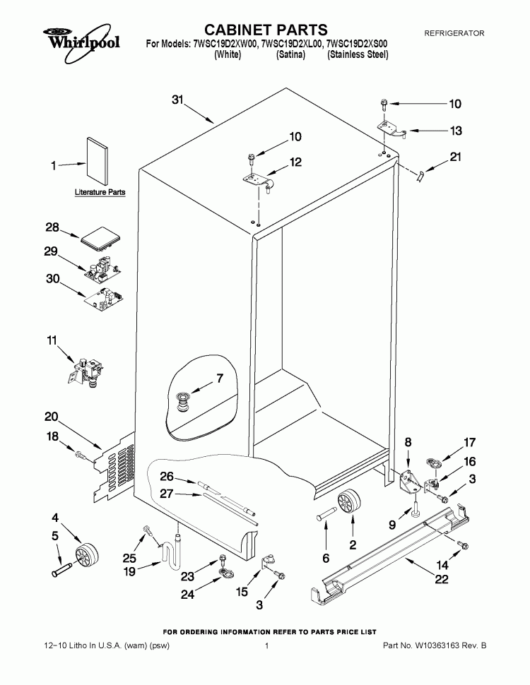 CABINET PARTS Diagram and Parts List for 7WSC19D2XS00  Whirlpool Refrigerator
