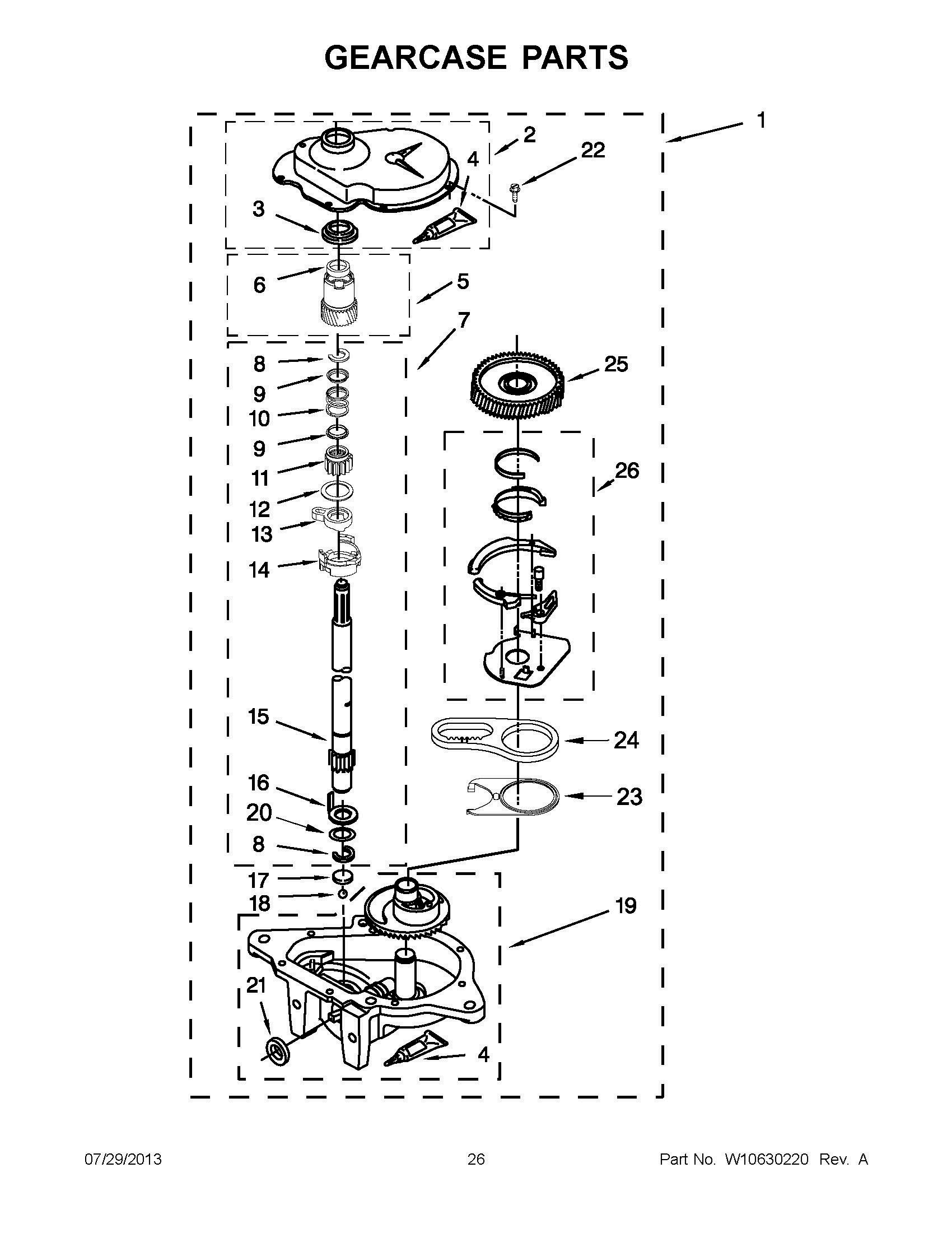 13 - GEARCASE PARTS Diagram and Parts List for YLTE5243DQB  Whirlpool Washer Dryer Combo