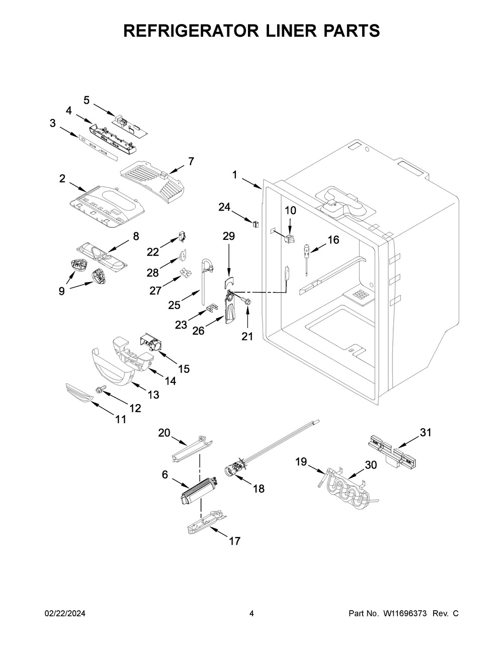 Refrigerator Liner Parts Diagram and Parts List for WRFF5333PZ01  Whirlpool Refrigerator