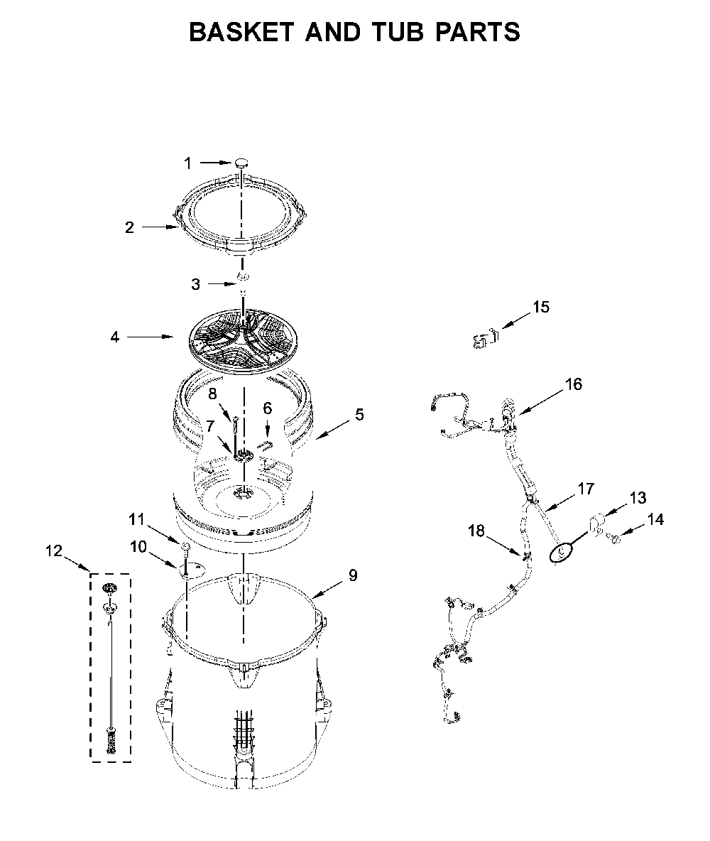 Basket and tub parts Diagram and Parts List for 11025132412  Kenmore Washer