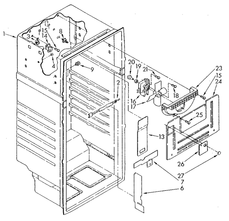 Liner Diagram and Parts List for ET16JKYSM01  Whirlpool Refrigerator