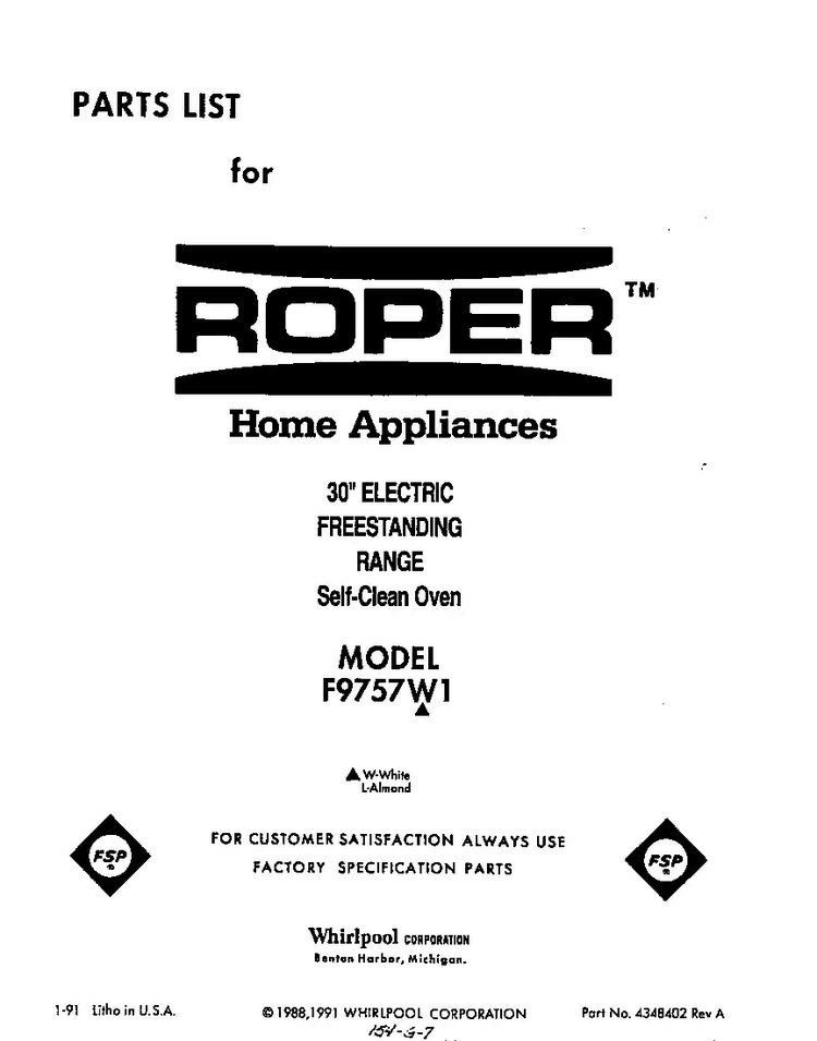 Front Cover Diagram and Parts List for F9757*1  Roper Range