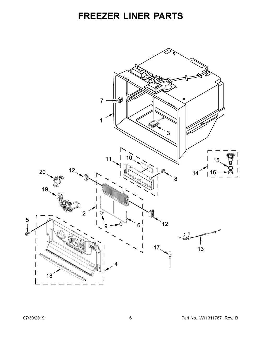 Freezer Liner Parts Diagram and Parts List for WRF954CIHZ01  Whirlpool Refrigerator
