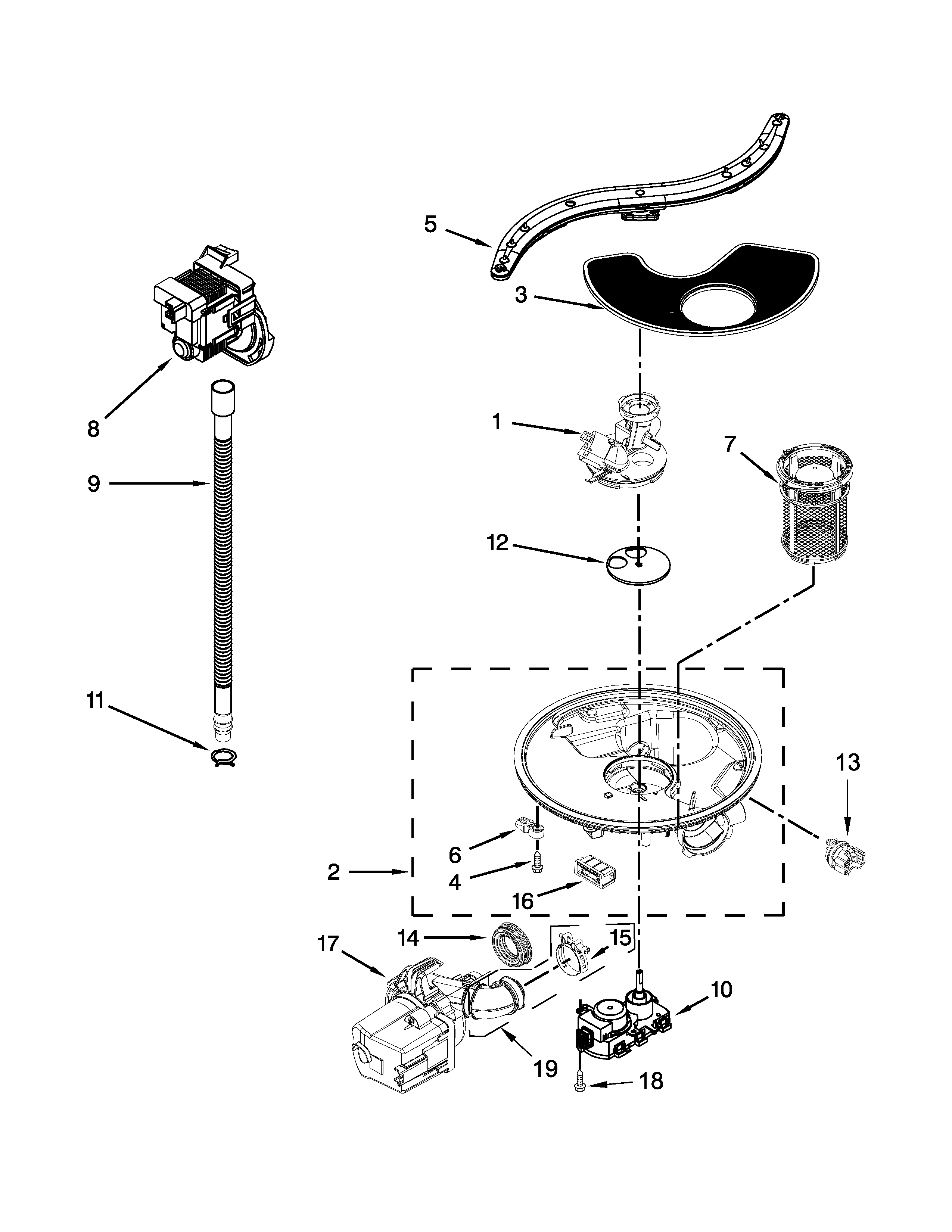 Pump, Washarm And Motor Parts Diagram and Parts List for 66512413N410  Kenmore Dishwasher