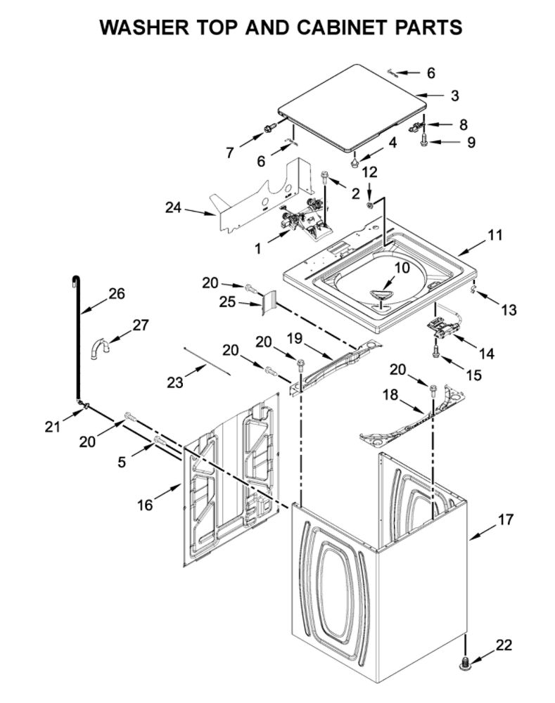 Washer Top And Cabinet Parts Diagram and Parts List for WGTLV27HW2  Whirlpool Washer Dryer Combo