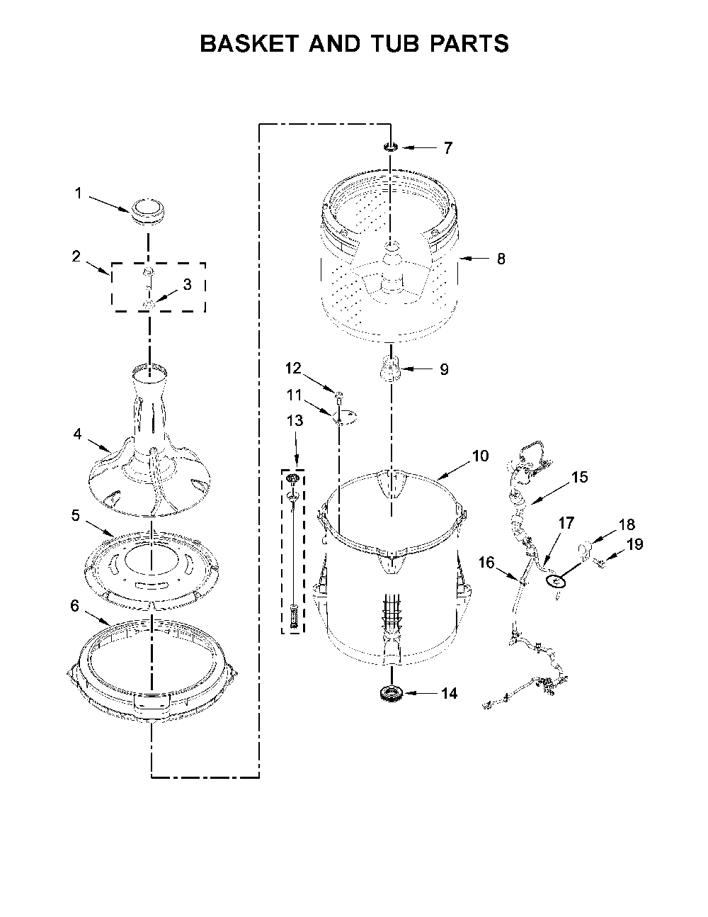 Basket and tub parts Diagram and Parts List for 1105142512  Kenmore Washer