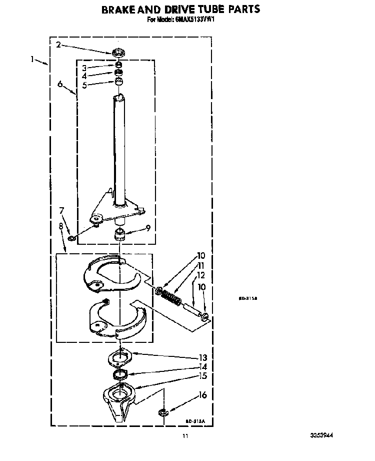 Brake And Drive Tube Diagram and Parts List for 6MAX5133VW1  Whirlpool Washer