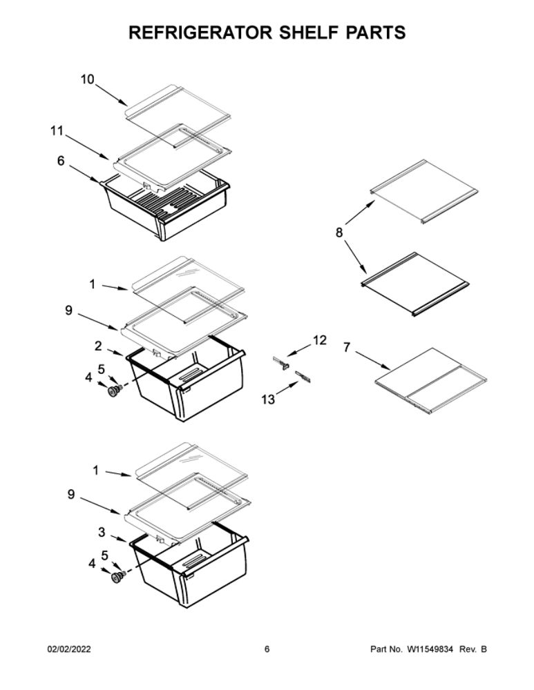 Refrigerator Shelf Parts 1 Diagram and Parts List for WRS555SIHV06  Whirlpool Refrigerator