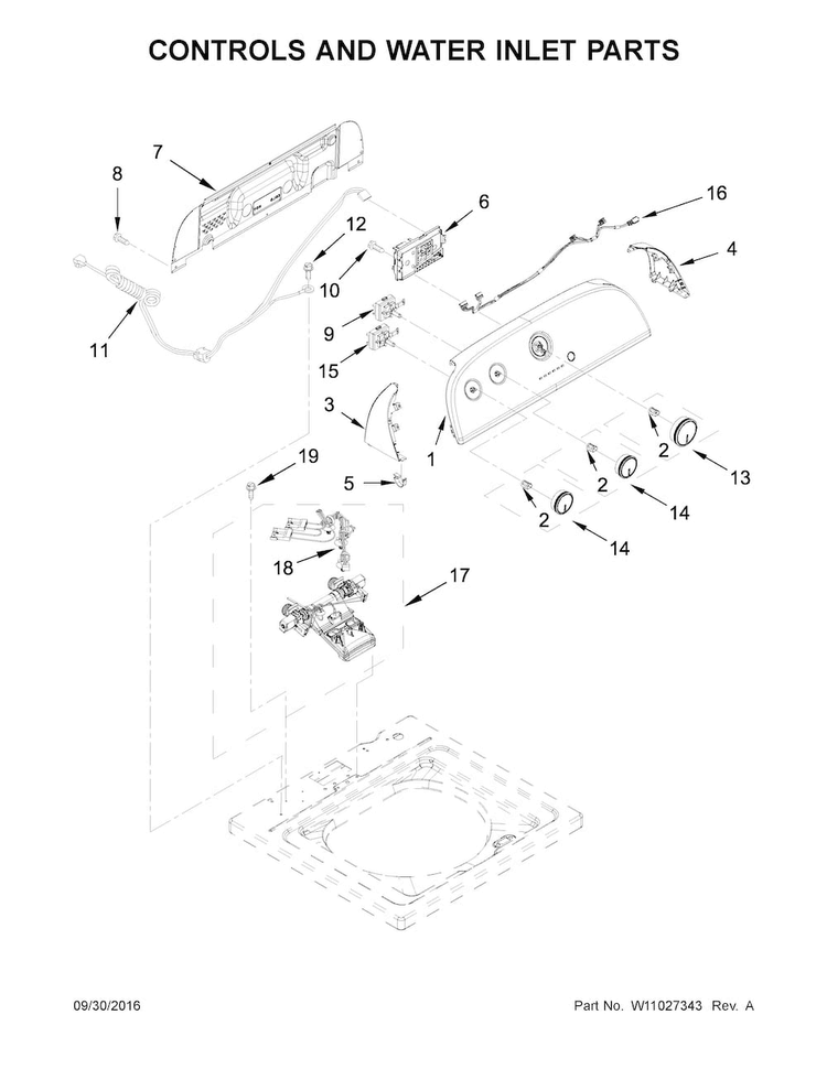 Controls And Water Inlet Parts Diagram and Parts List for WTW4715EW2  Whirlpool Washer