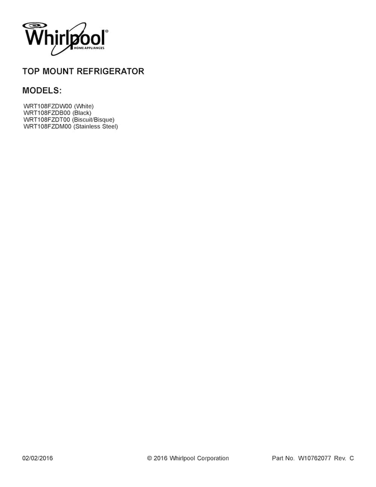 Cover Sheet Diagram and Parts List for WRT108FZDT00  Whirlpool Refrigerator