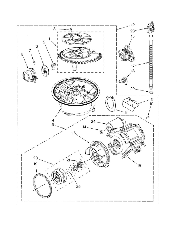 Pump And Motor Diagram and Parts List for KUDC20FVSS0  KitchenAid Dishwasher