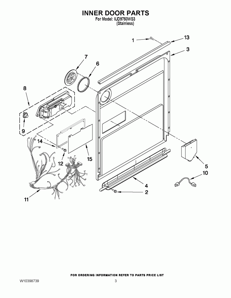 INNER DOOR PARTS Diagram and Parts List for IUD9750WS3  Whirlpool Dishwasher