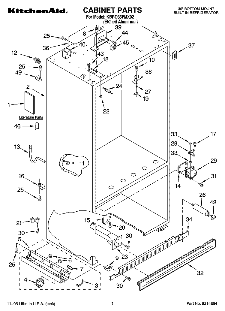 CABINET PARTS Diagram and Parts List for KBRO36FMX02  KitchenAid Refrigerator