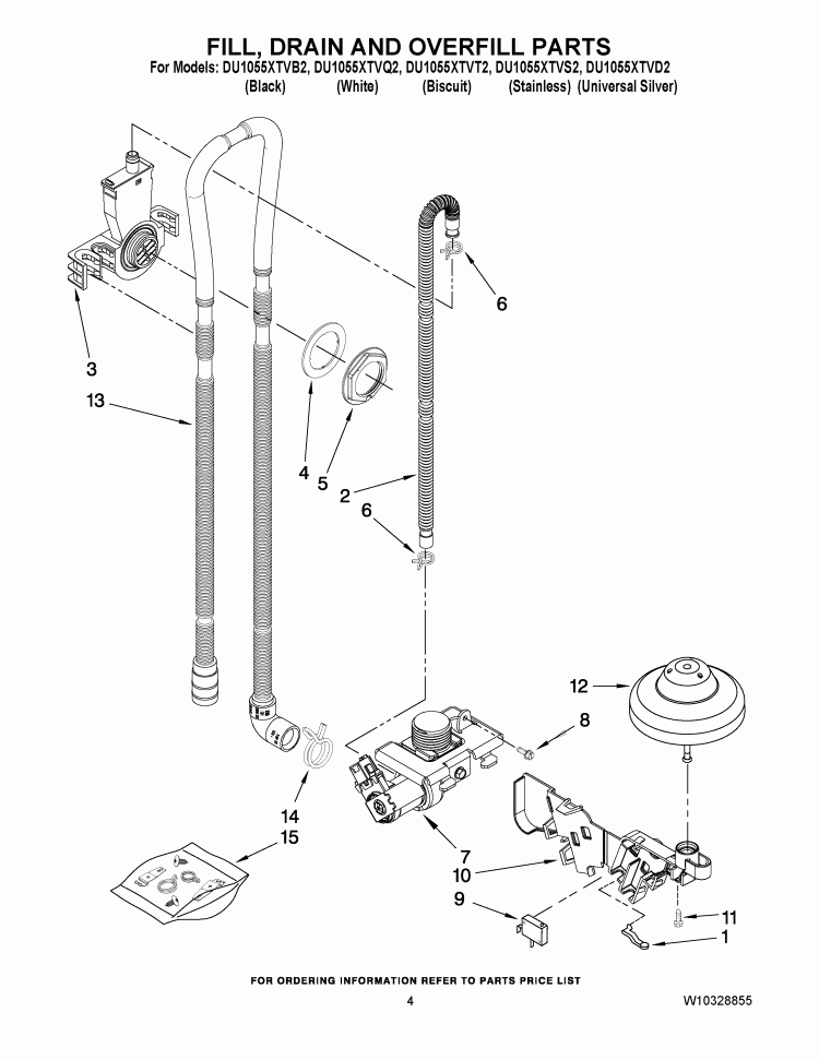 FILL, DRAIN AND OVERFILL PARTS Diagram and Parts List for DU1055XTVB2  Whirlpool Dishwasher