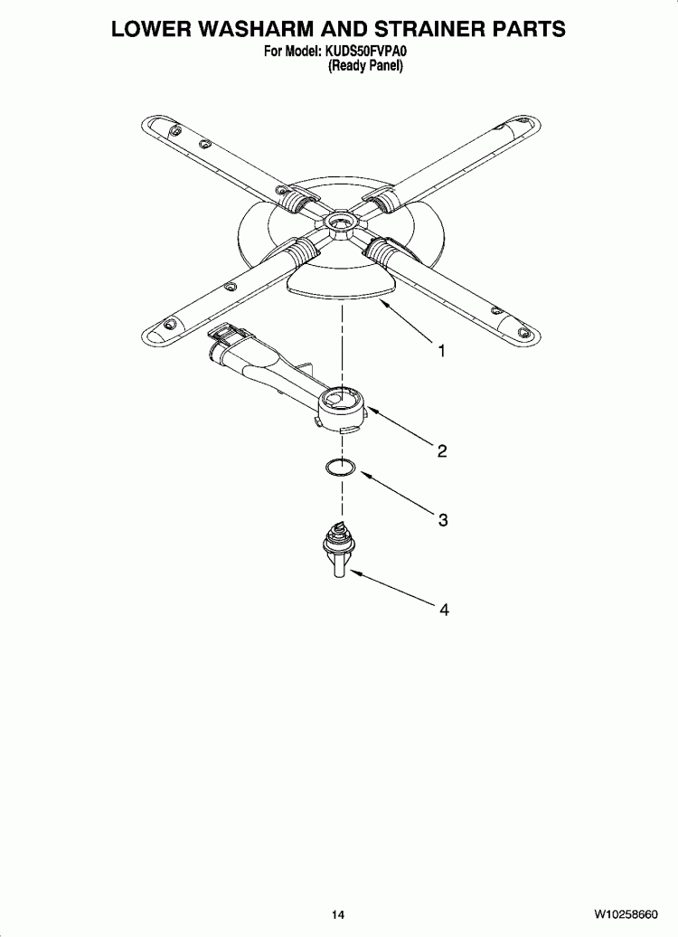LOWER WASHARM AND STRAINER PARTS Diagram and Parts List for KUDS50FVPA0  KitchenAid Dishwasher