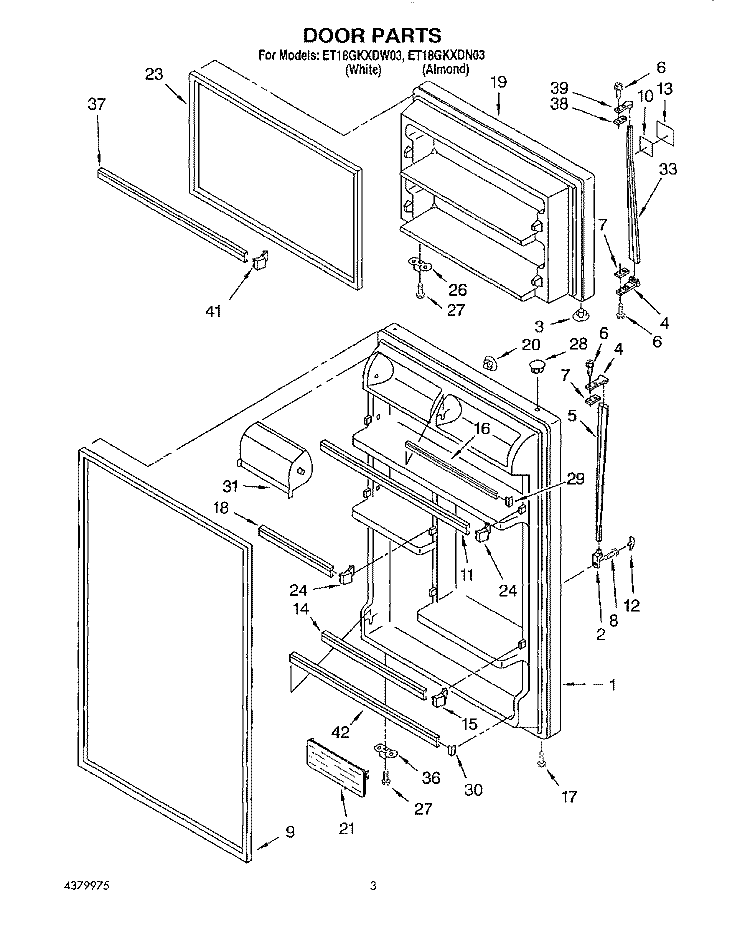 DOOR Diagram and Parts List for ET18GKXDN03  Whirlpool Refrigerator