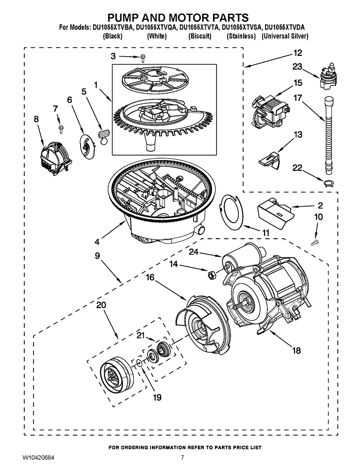 PUMP AND MOTOR PARTS Diagram and Parts List for 7GU3800XTVY5  Whirlpool Dishwasher