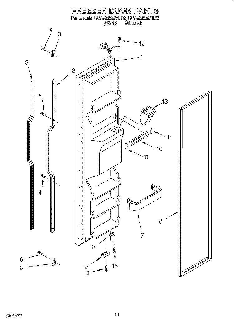 FREEZER DOOR Diagram and Parts List for KSRS22QDWH02  KitchenAid Refrigerator