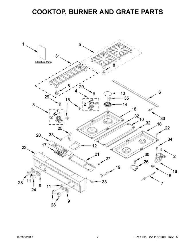 02 - Cooktop, Burner And Grate Parts Diagram and Parts List for KDRS407VBU01  KitchenAid Range
