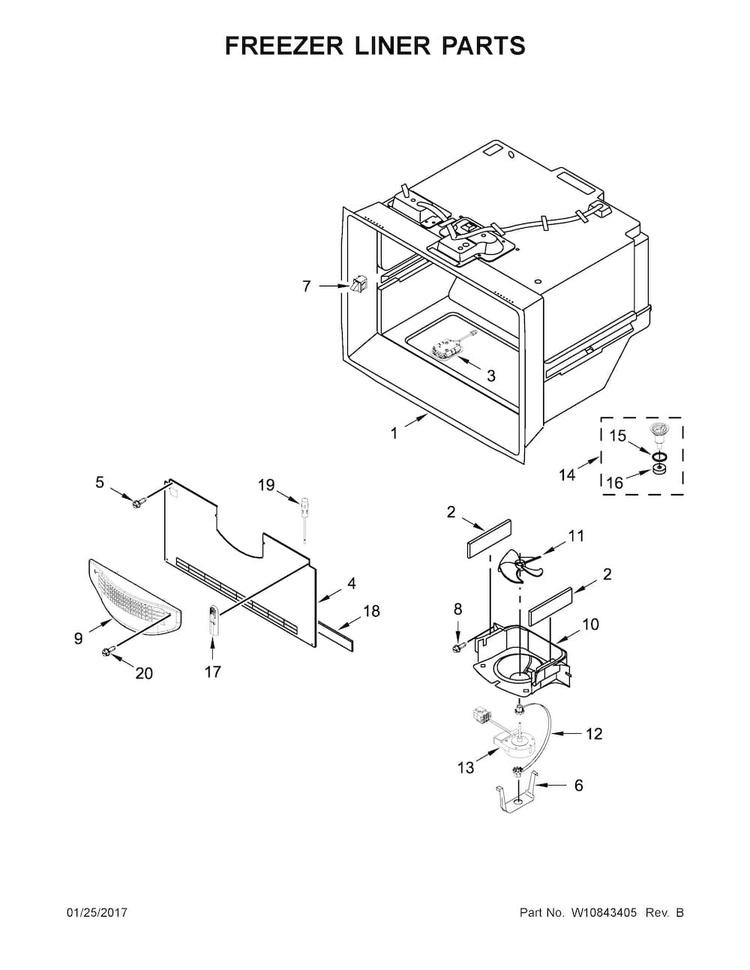Freezer Liner Parts Diagram and Parts List for KRFF707ESS01  KitchenAid Refrigerator