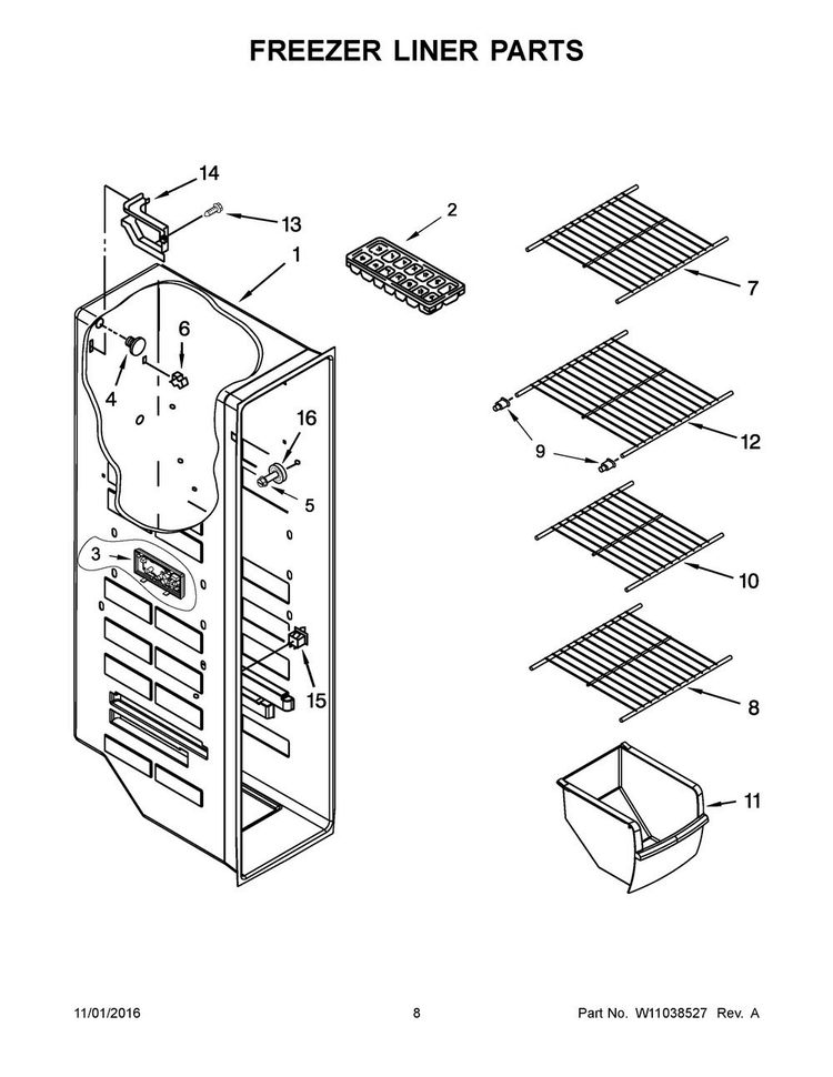 Freezer Liner Parts Diagram and Parts List for WRS325FNAB00  Whirlpool Refrigerator