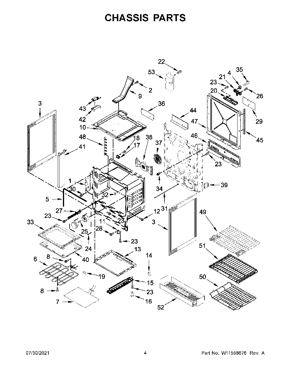 Chassis Parts Diagram and Parts List for KSEB900ESS4  KitchenAid Range