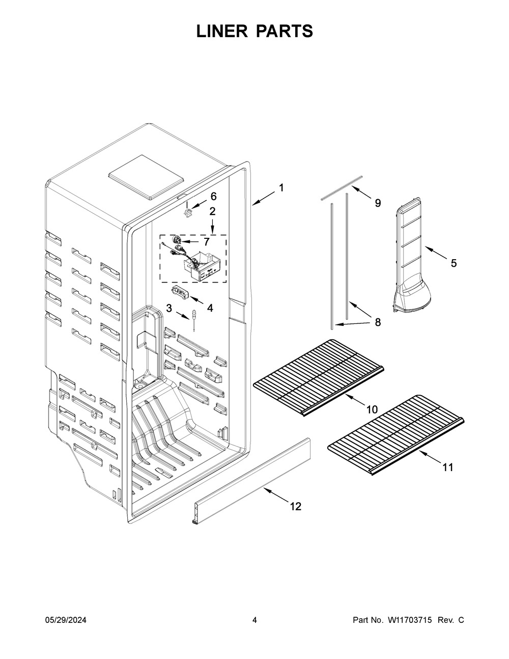 Liner Parts Diagram and Parts List for WZF34X16DW10  Whirlpool Freezer