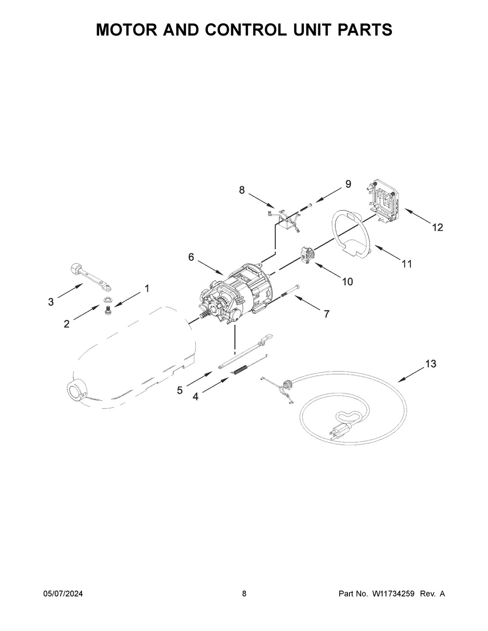 Motor And Control Unit Parts Diagram and Parts List for 5KSM180WSAEG5  KitchenAid Mixer