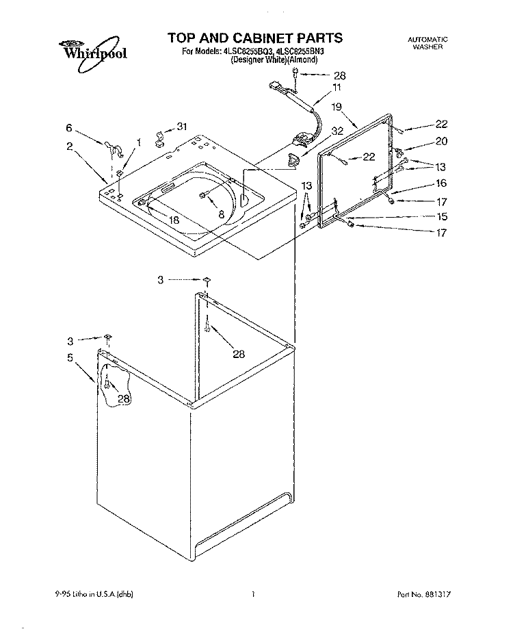 TOP AND CABINET Diagram and Parts List for 4LSC8255BQ3  Whirlpool Washer