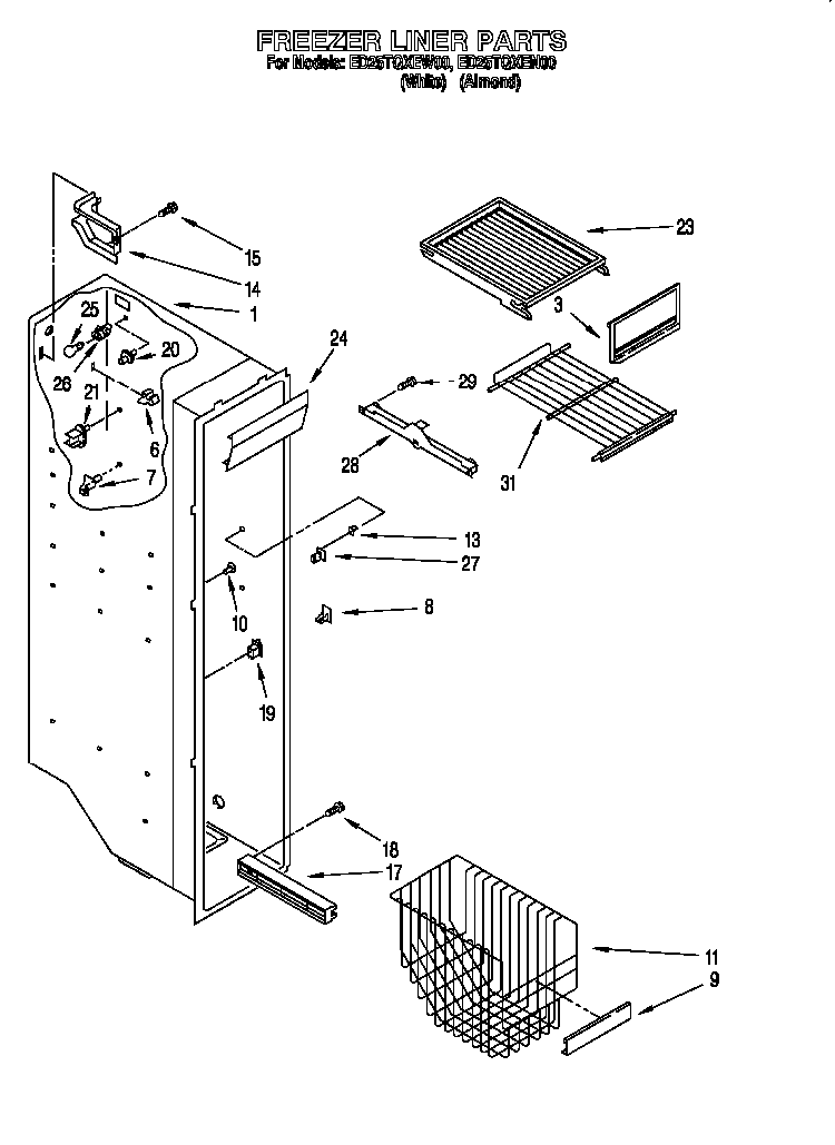 Freezer Liner Diagram and Parts List for 824421985  Whirlpool Refrigerator