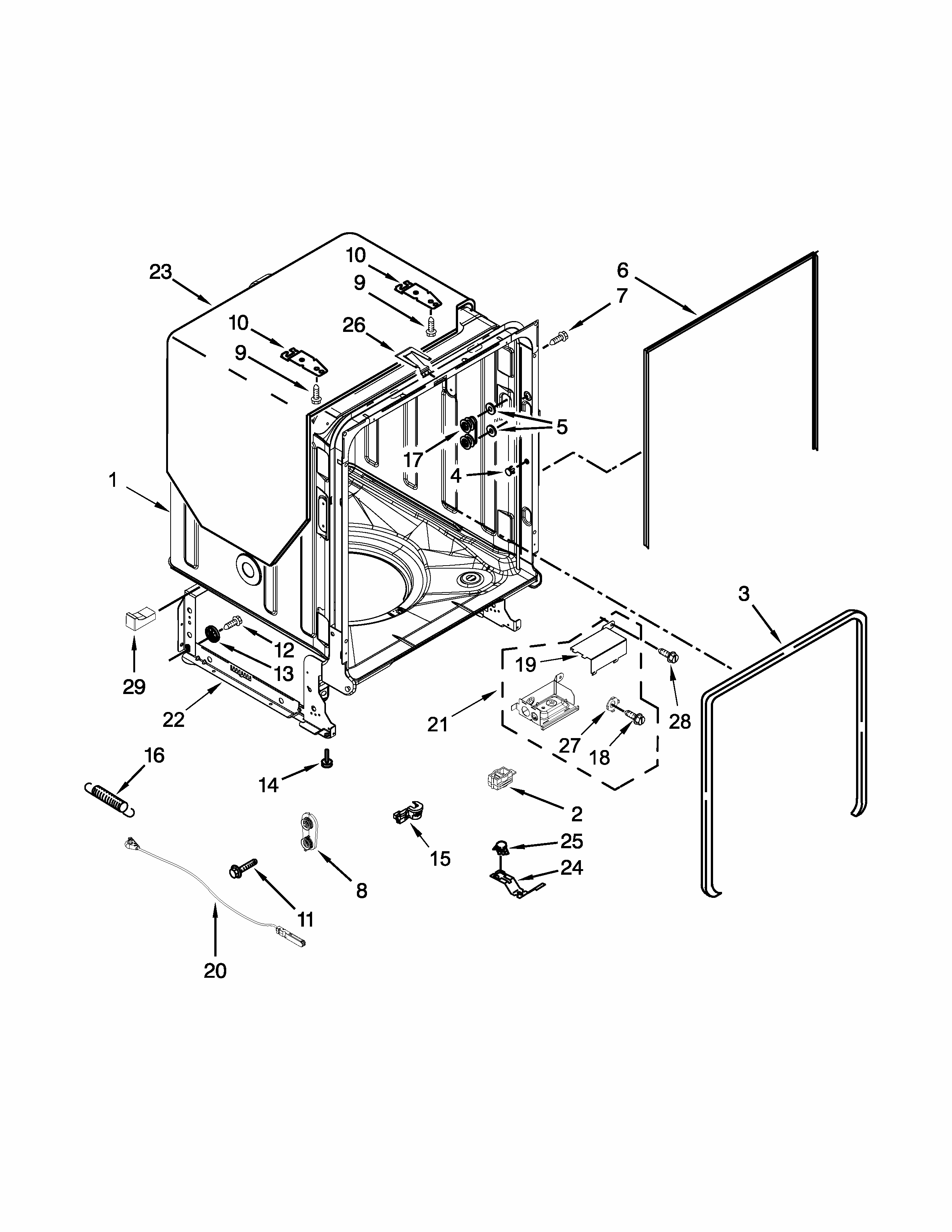 Tub And Frame Parts Diagram and Parts List for IUD8010DS2  Whirlpool Dishwasher