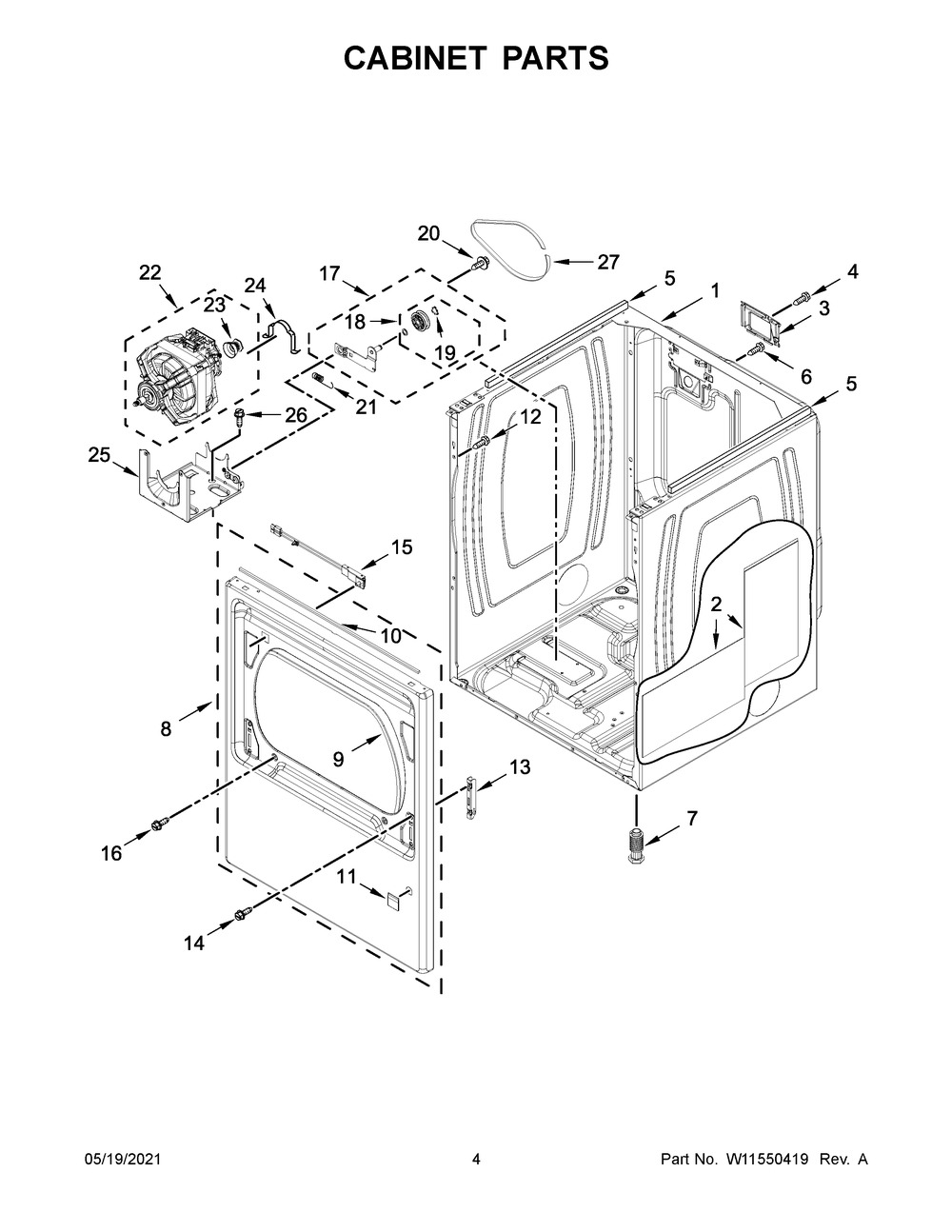 Cabinet Parts Diagram and Parts List for WED5100HW2  Whirlpool Dryer
