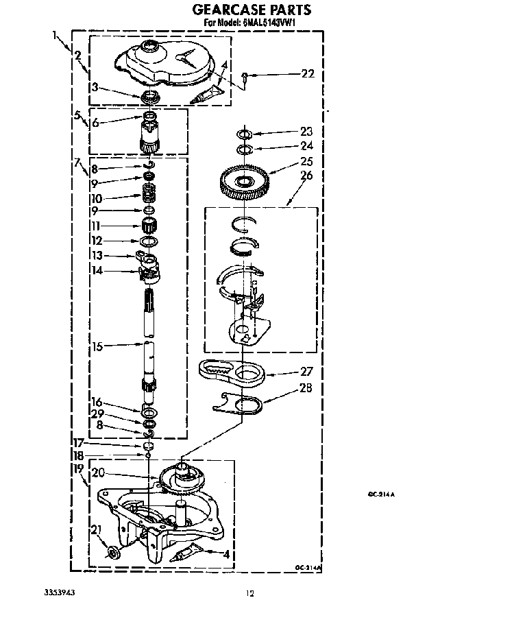 Gearcase Diagram and Parts List for 6MAL5143VW1  Whirlpool Washer