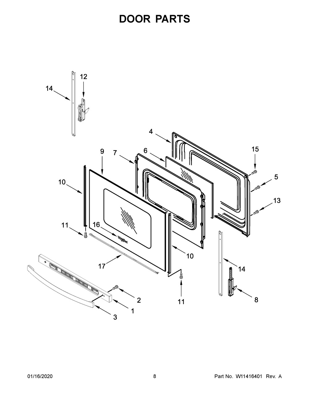 Door Parts Diagram and Parts List for YWFE505W0JZ0  Whirlpool Range