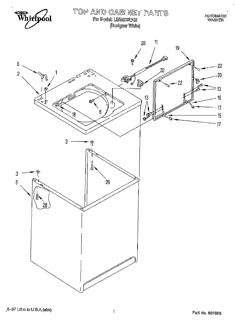 TOP AND CABINET Diagram and Parts List for LSR5233EQ2  Whirlpool Washer