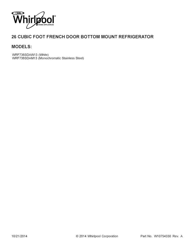 Cover Sheet Diagram and Parts List for WRF736SDAW13  Whirlpool Refrigerator