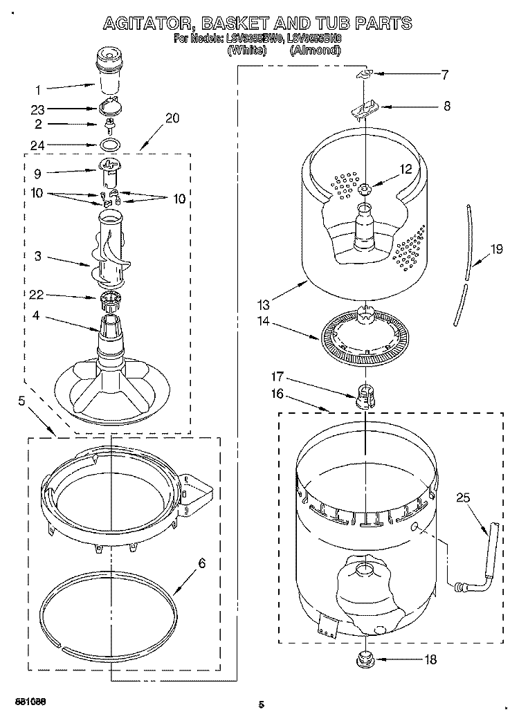 AGITATOR, BASKET AND TUB Diagram and Parts List for LSV9355BN0  Whirlpool Washer