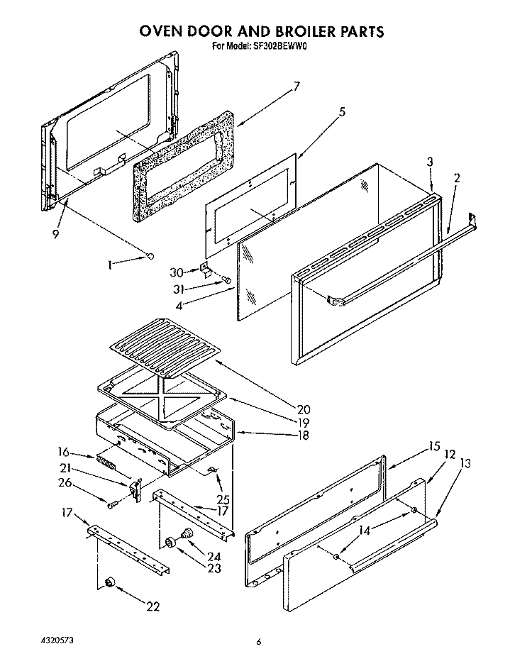 OVEN DOOR AND BROILER Diagram and Parts List for SF302BEWW0  Whirlpool Range