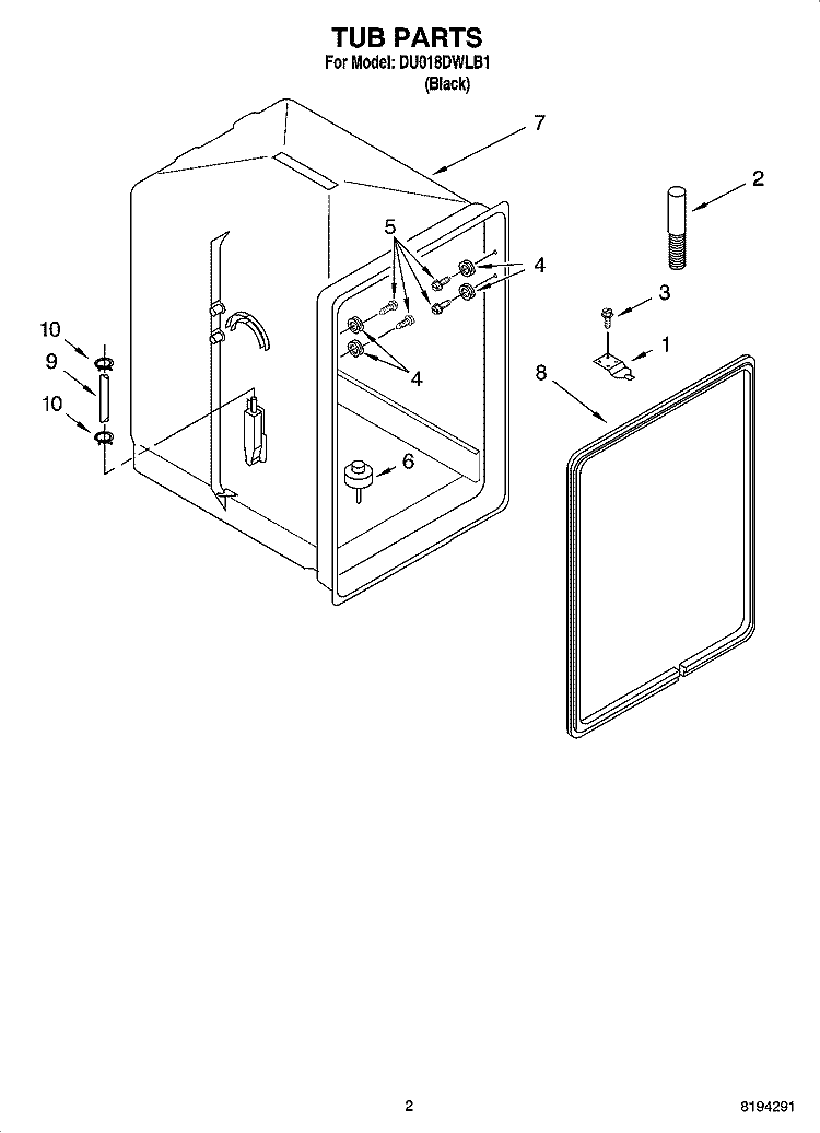 TUB PARTS Diagram and Parts List for DU018DWLB1  Whirlpool Dishwasher