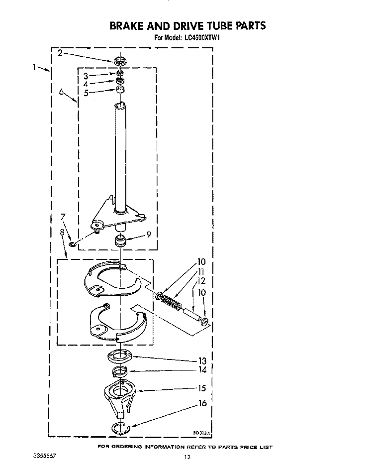 BRAKE AND DRIVE TUBE Diagram and Parts List for LC4500XTW1  Whirlpool Washer