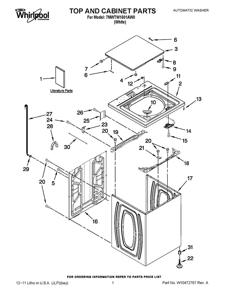 TOP AND CABINET PARTS Diagram and Parts List for 7MWTW1501AW0  Whirlpool Washer