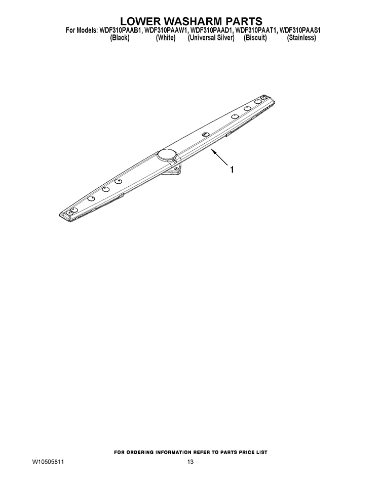 LOWER WASHARM PARTS Diagram and Parts List for WDF310PAAT1  Whirlpool Dishwasher