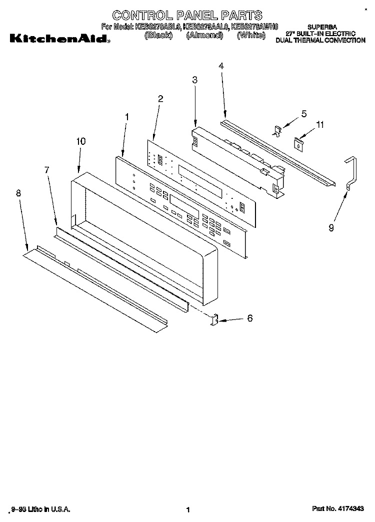 CONTROL PANEL, LIT/OPTIONAL Diagram and Parts List for KEBS278ABL0  KitchenAid Wall Oven