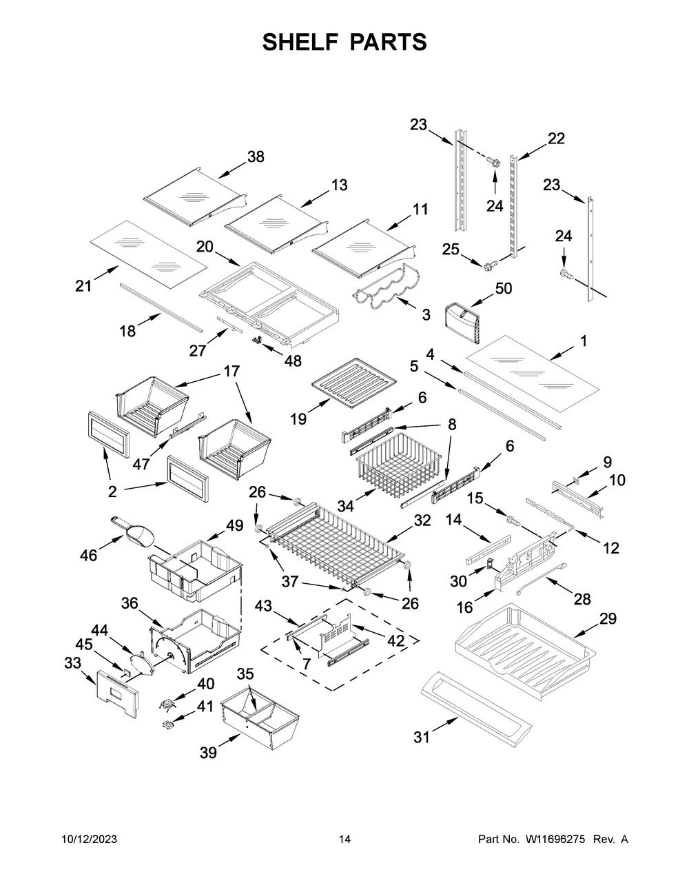 Shelf Parts Diagram and Parts List for KRFC302EBS08  KitchenAid Refrigerator