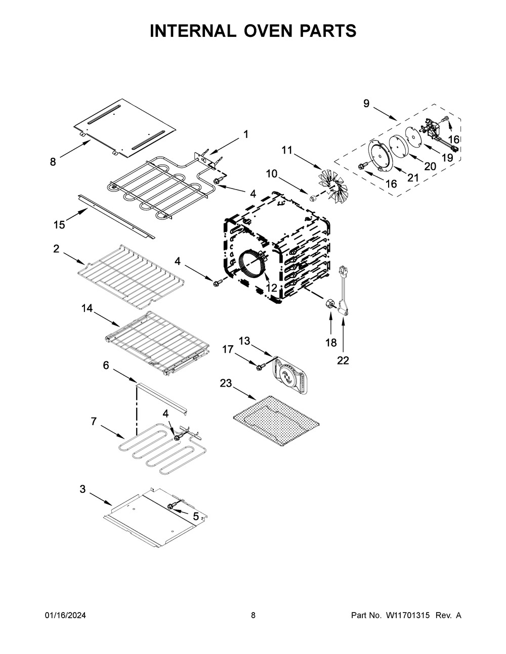 Internal Oven Parts Diagram and Parts List for KOEC530PWH00  KitchenAid Microwave Oven Combo