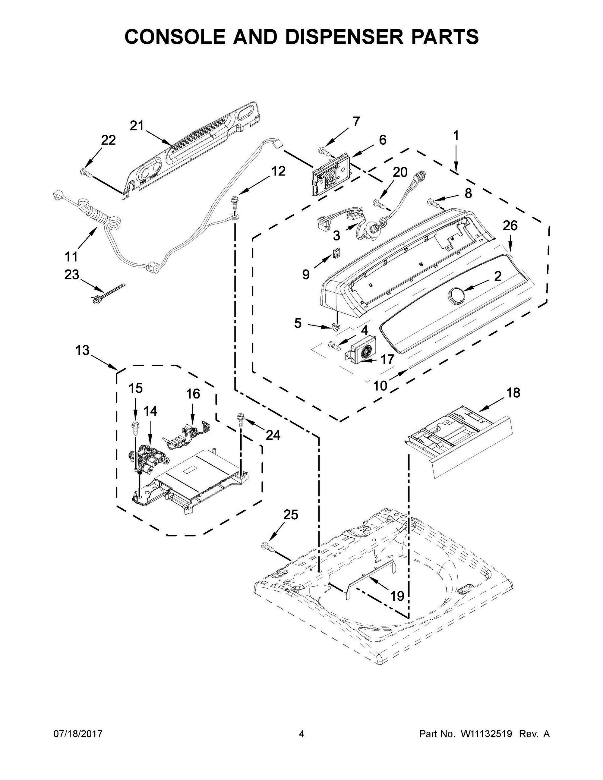 03 - CONSOLE AND DISPENSER PARTS Diagram and Parts List for MVWB766FW1  Whirlpool Washer