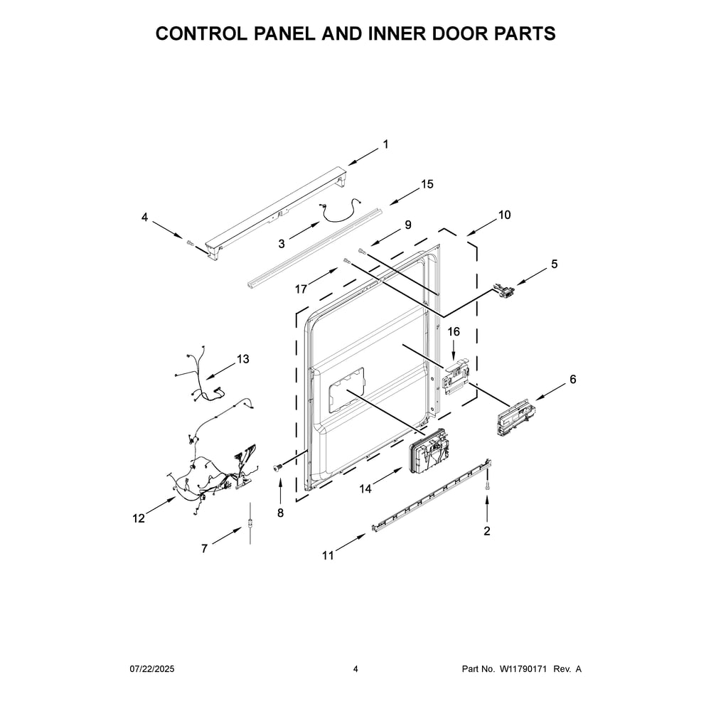 Control Panel And Inner Door Parts Diagram and Parts List for KDFS424SBE0  KitchenAid Dishwasher