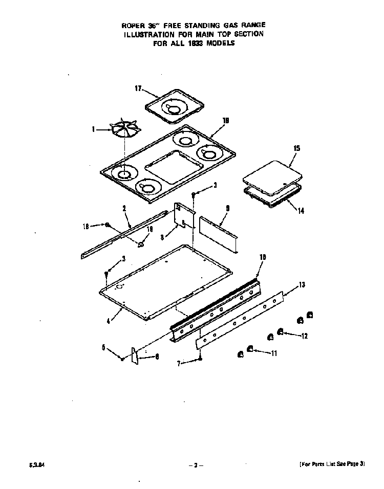 Main Top Diagram and Parts List for 1633*2A  Roper Range