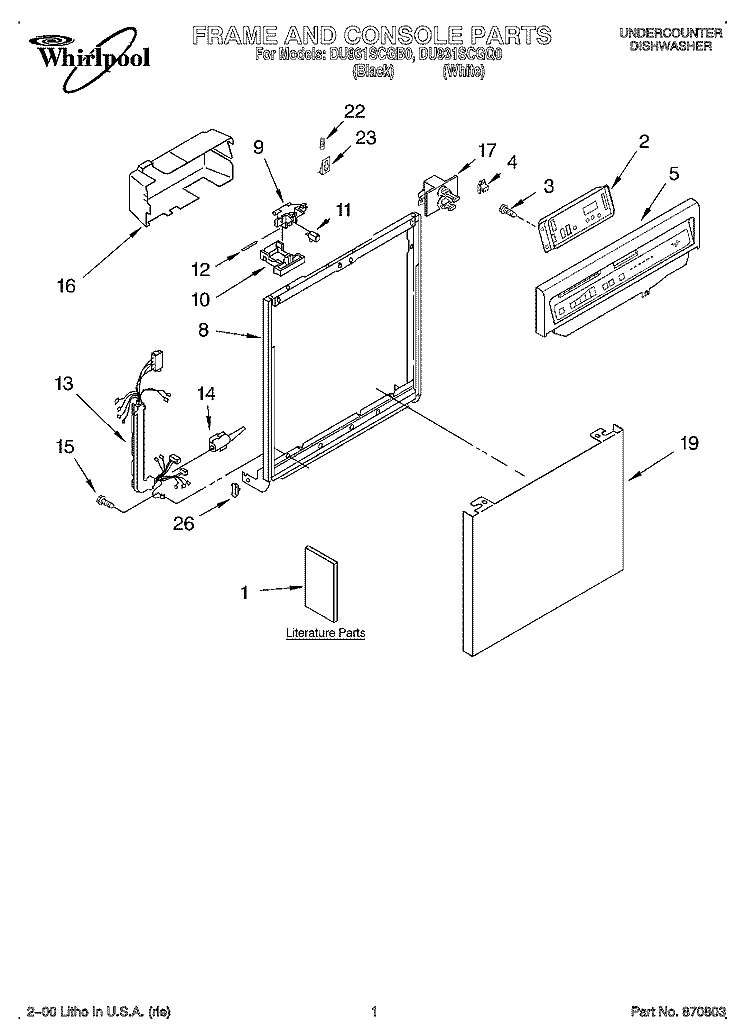 FRAME AND CONSOLE, LITERATURE Diagram and Parts List for DU931SCGQ0  Whirlpool Dishwasher